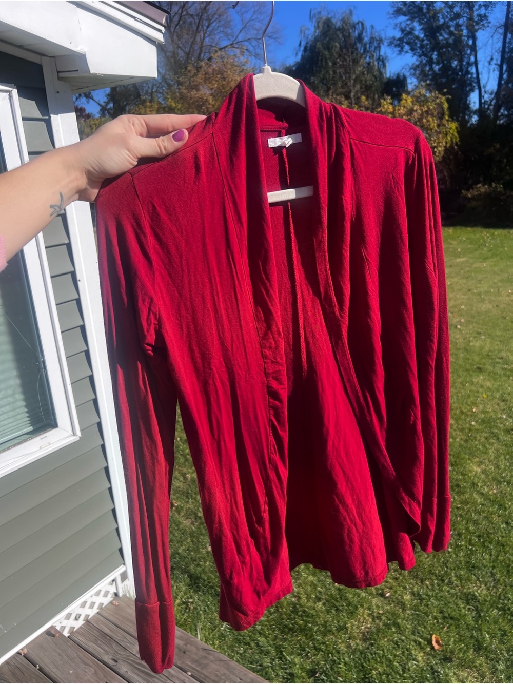 Maurices Deep Red Open Front Draped Waterfall Cardigan Size Small